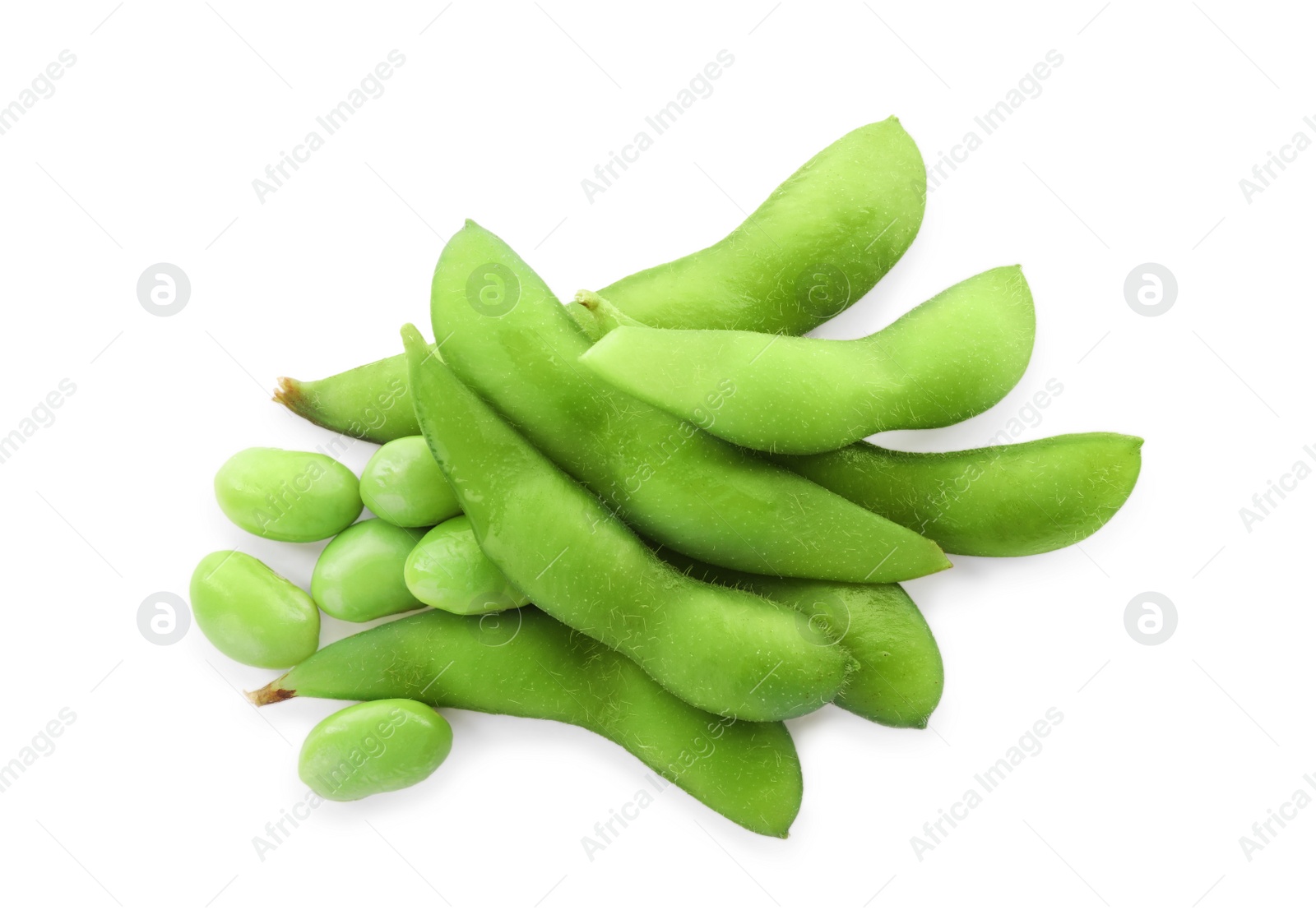 Photo of Fresh green edamame pods with beans on white background