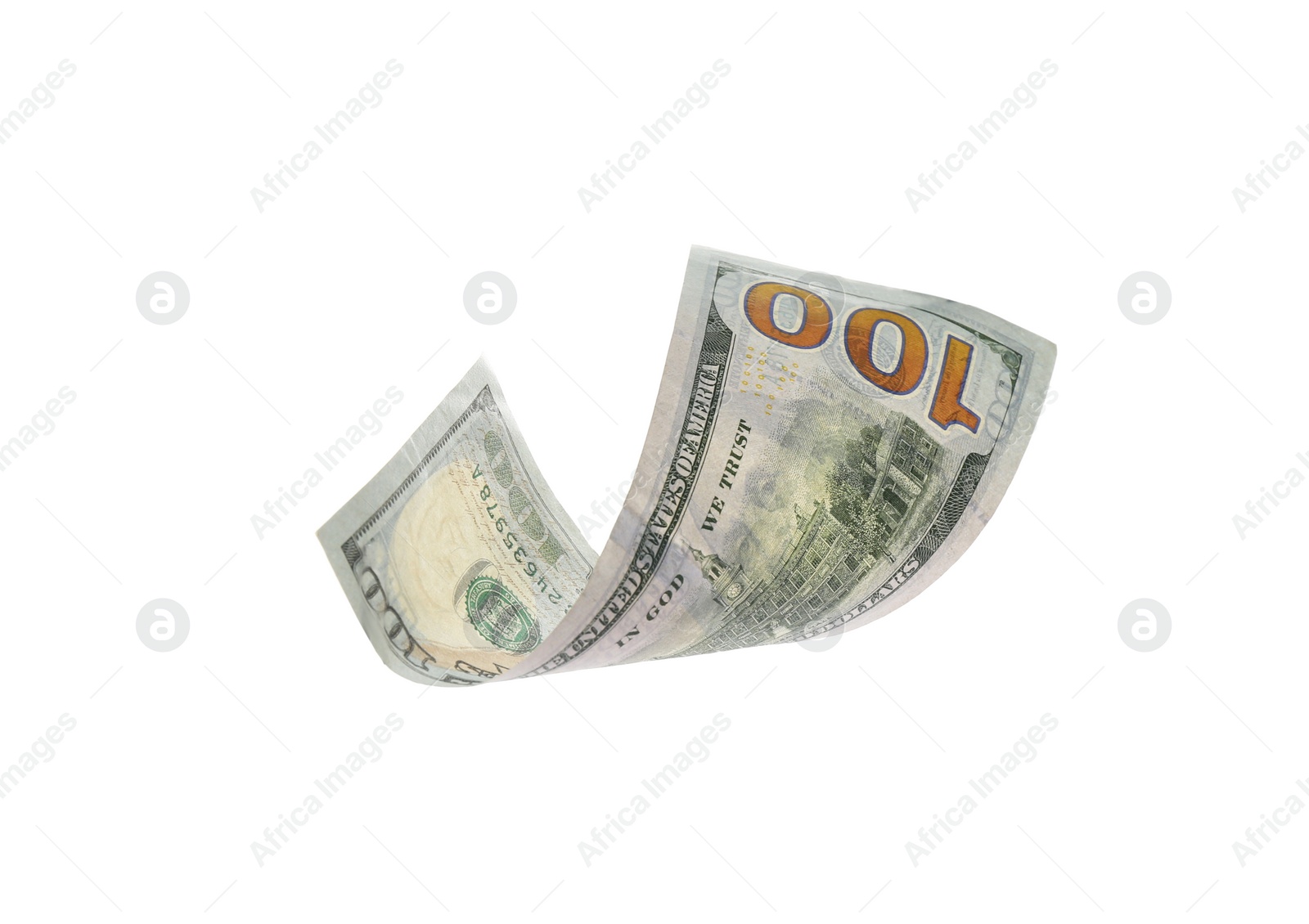 Photo of Dollar banknote isolated on white. Flying money