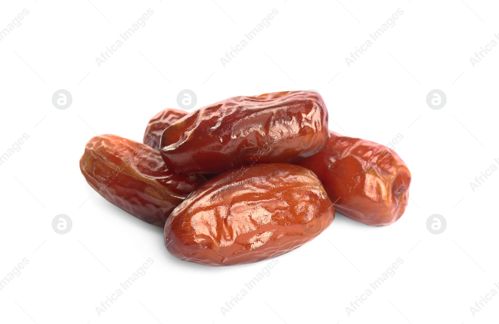 Photo of Heap of tasty sweet dried dates on white background