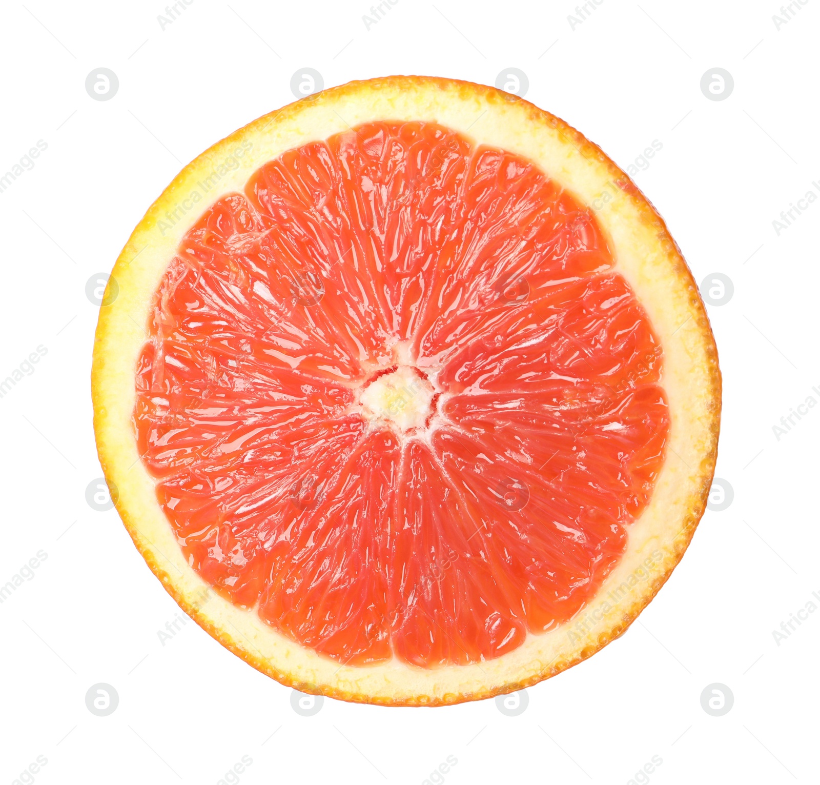 Photo of Citrus fruit. Sliced fresh ripe red orange isolated on white