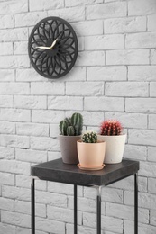 Beautiful cacti in flowerpots on table near brick wall