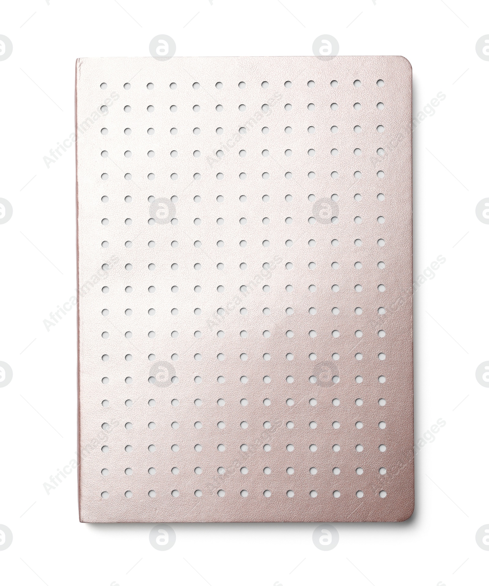 Photo of Stylish beige notebook isolated on white, top view