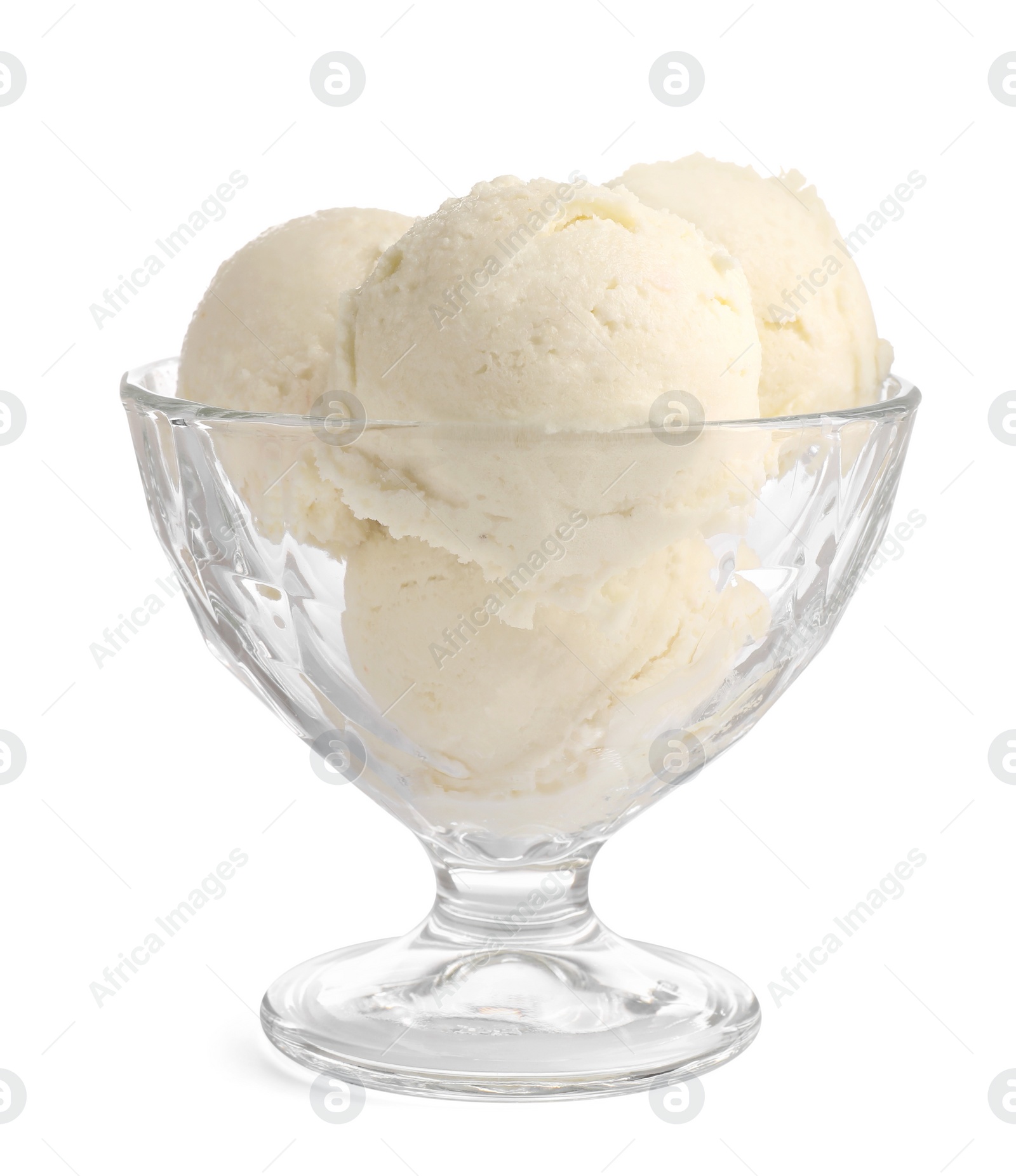 Photo of Glass dessert bowl with tasty vanilla ice cream isolated on white