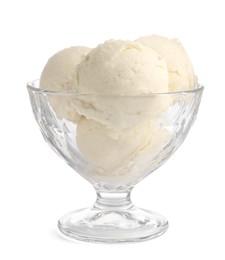 Photo of Glass dessert bowl with tasty vanilla ice cream isolated on white
