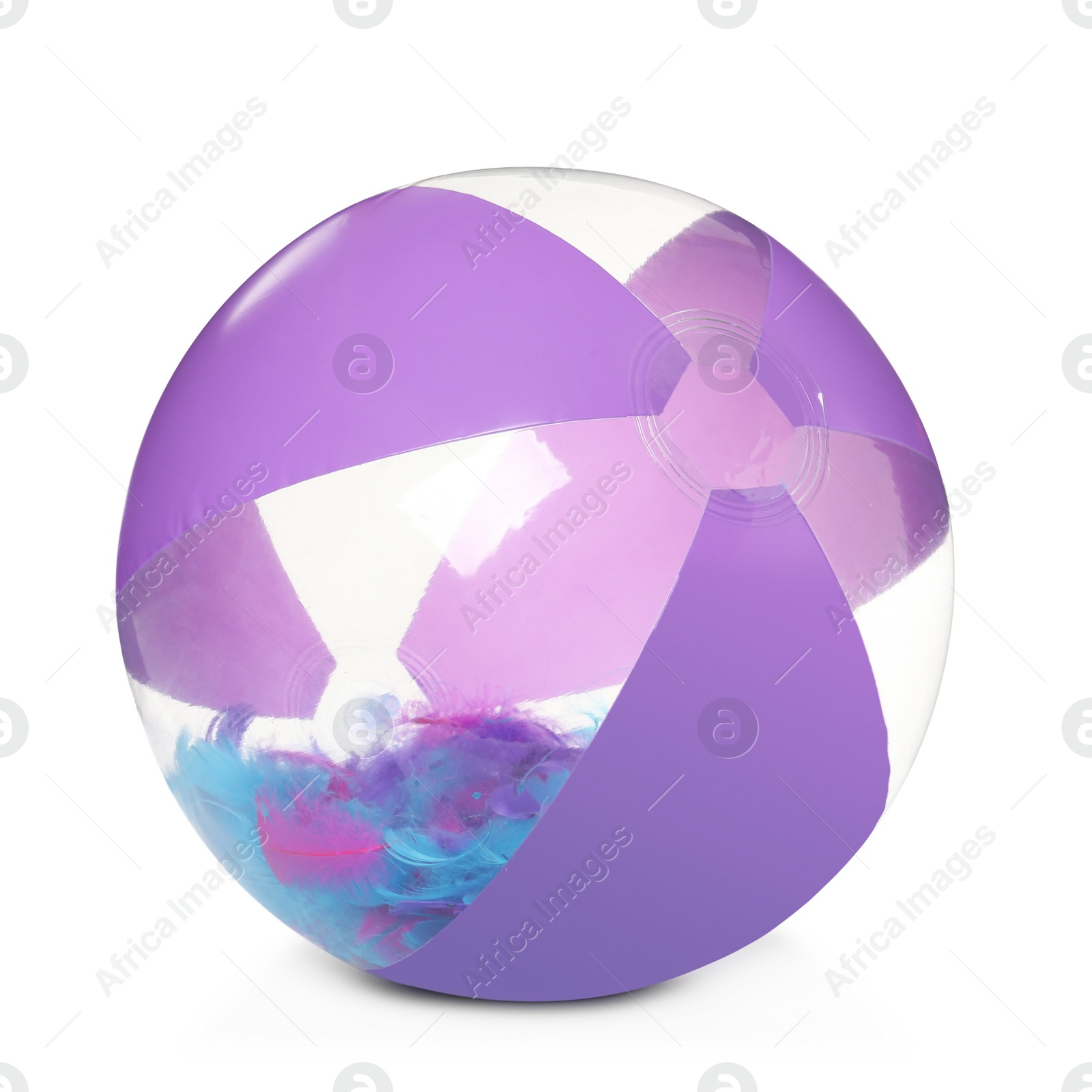 Photo of Inflatable beach ball with feathers inside isolated on white