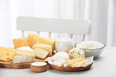 Different dairy products on table