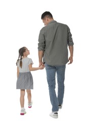 Little girl with her father on white background, back view