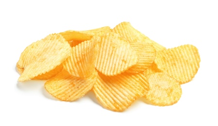 Tasty ridged potato chips on white background