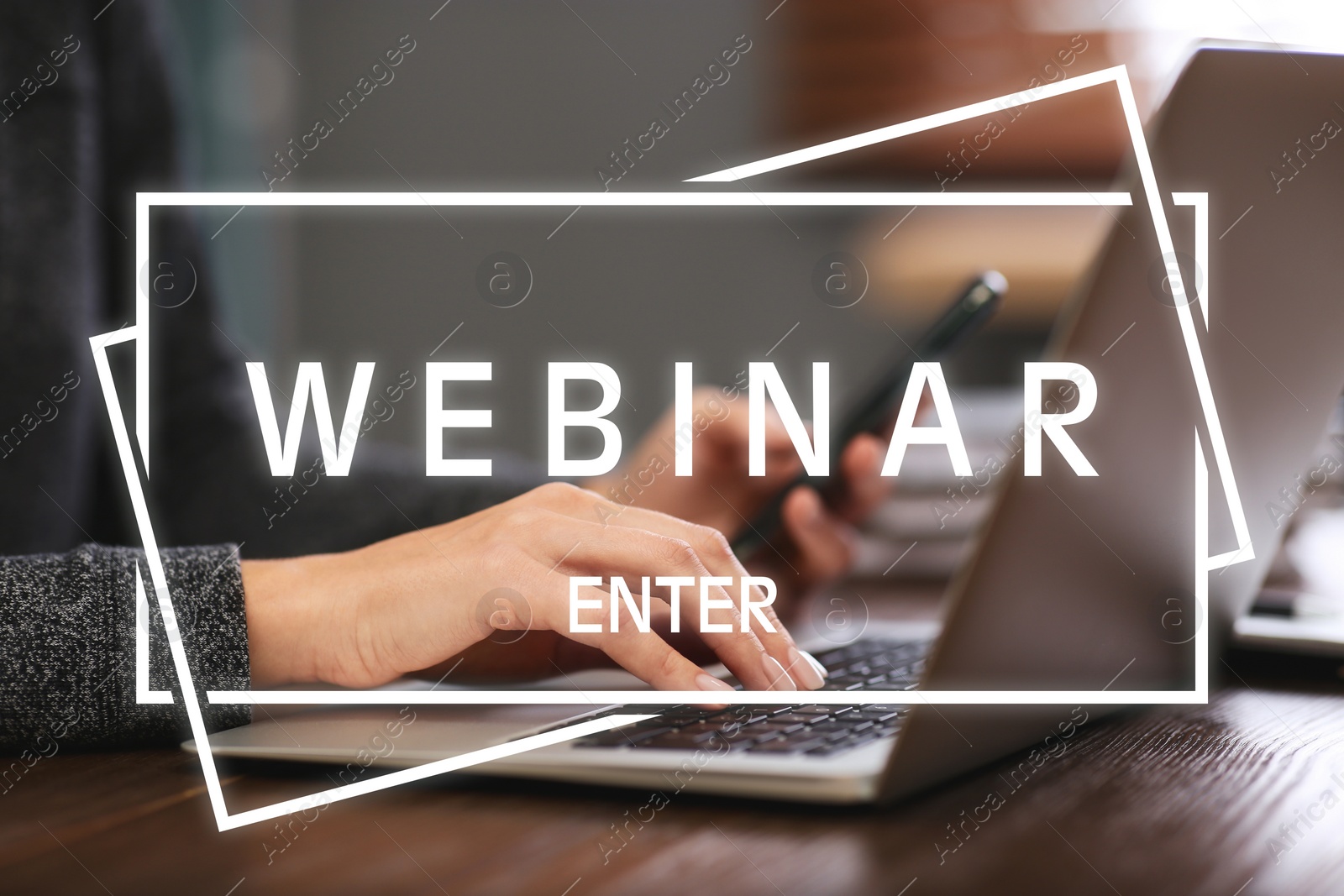 Image of Webinar, website page with word Enter. Woman using laptop at table, closeup