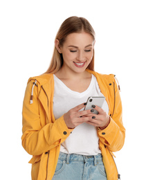 Photo of Beautiful woman using smartphone on white background