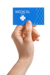 Photo of Woman holding business card isolated on white, closeup. Medical service