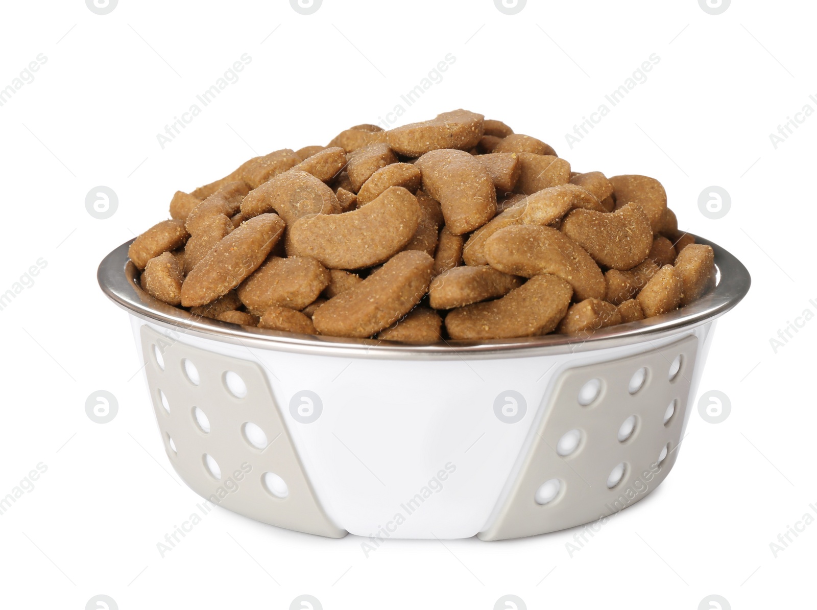 Photo of Dry dog food in pet bowl isolated on white