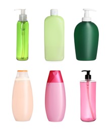 Set with different shower gels on white background 