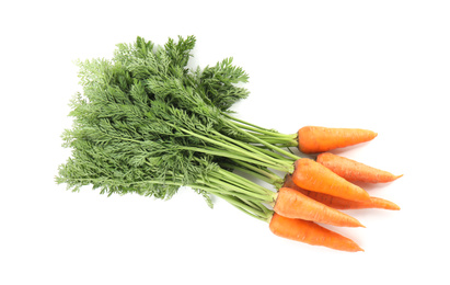 Photo of Bunch of fresh ripe carrots isolated on white, top view