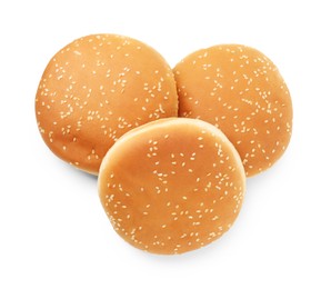 Photo of Fresh hamburger buns isolated on white, top view