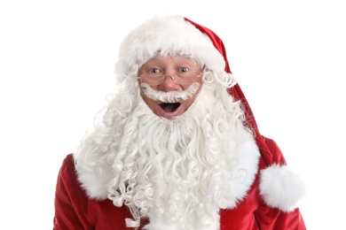 Photo of Portrait of authentic Santa Claus on white background