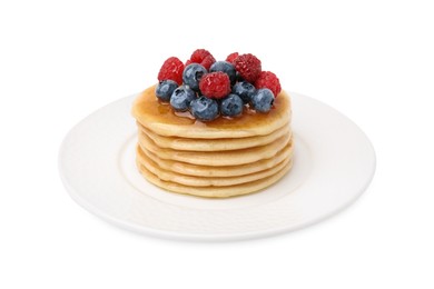 Delicious pancakes with berries and honey isolated on white