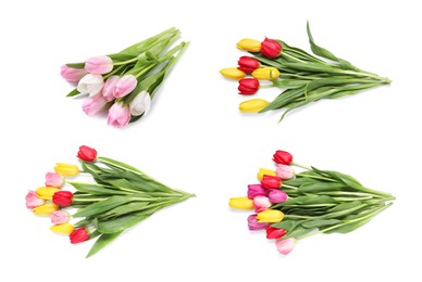 Image of Beautiful bouquets of tulip flowers isolated on white, set