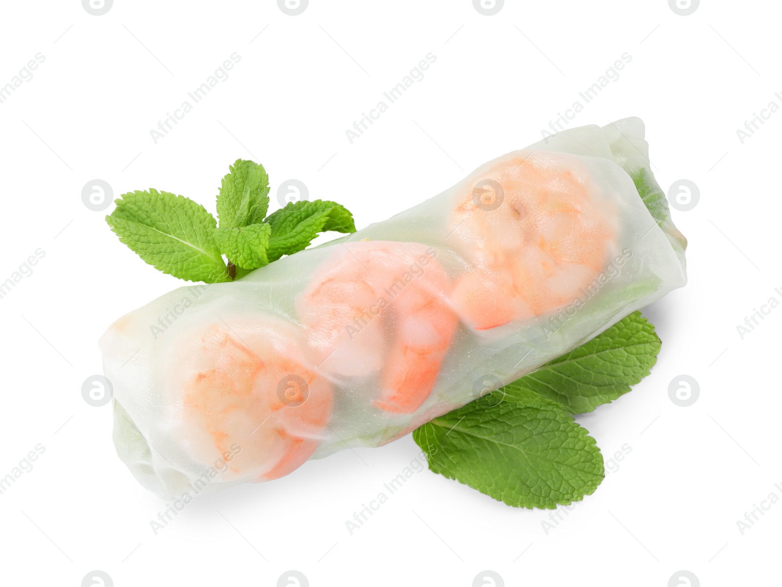 Photo of Tasty spring roll with shrimps and mint isolated on white, top view