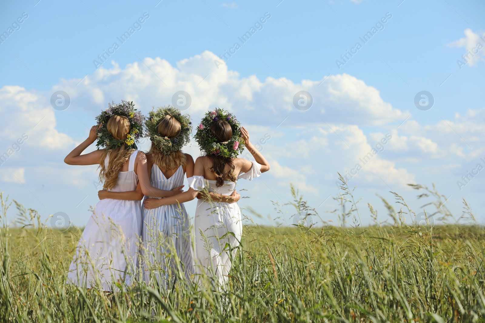 Photo of Young women wearing wreaths made of beautiful flowers in field on sunny day, back view