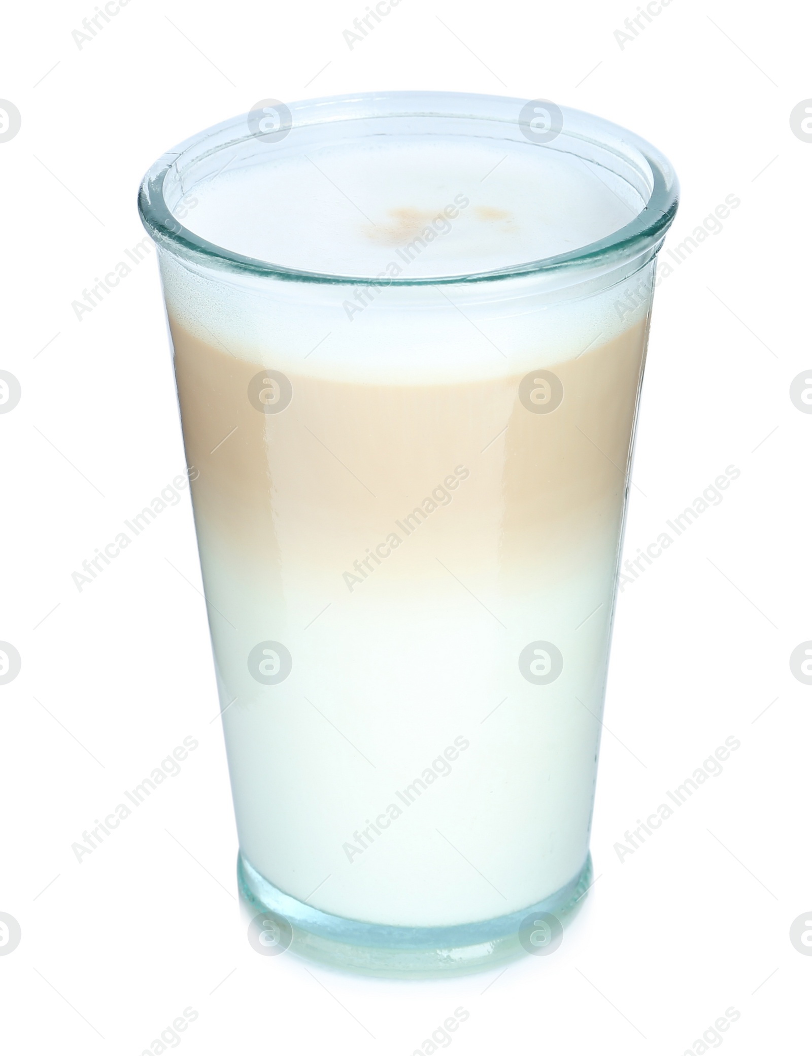 Photo of Glass of delicious latte macchiato isolated on white