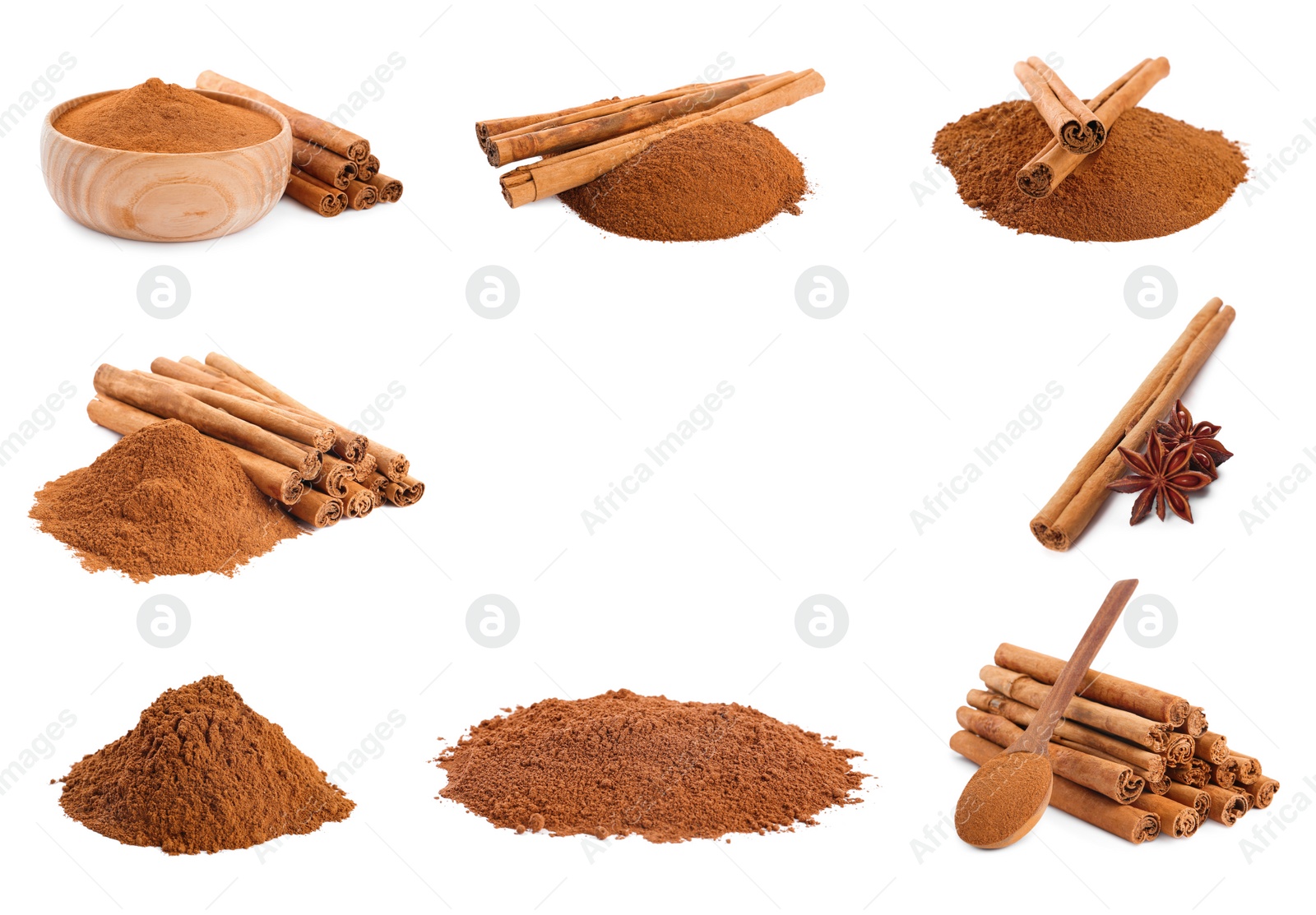 Image of Set with aromatic cinnamon sticks and powder on white background 