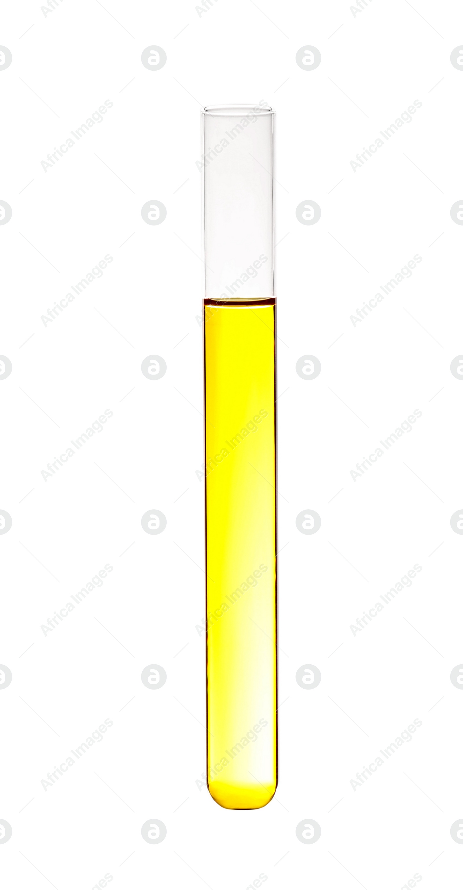 Photo of Test tube with color liquid on white background. Solution chemistry