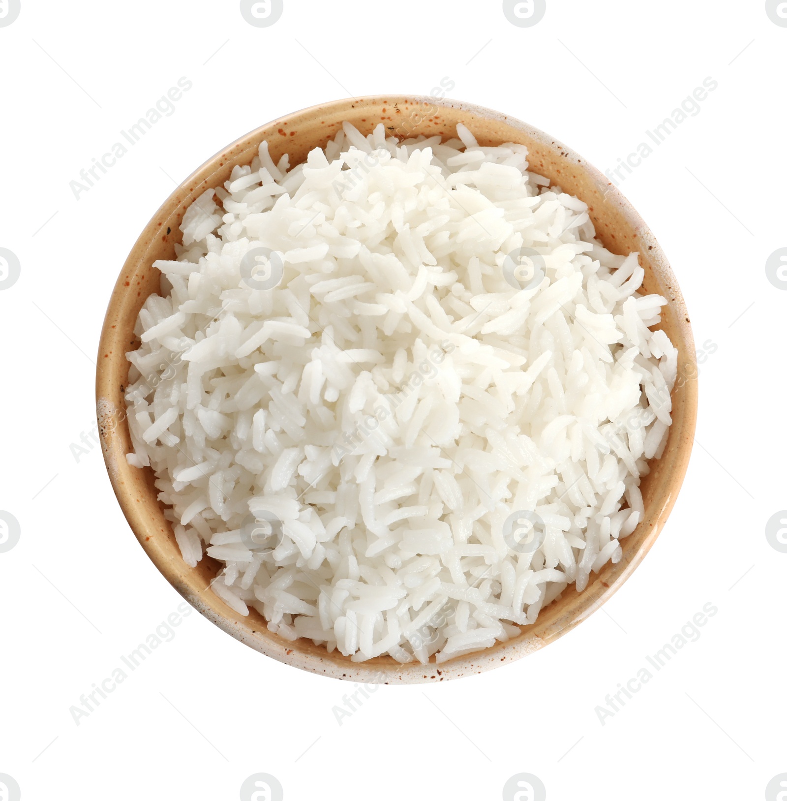 Photo of Bowl of tasty cooked rice on white background, top view