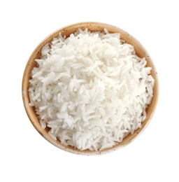 Photo of Bowl of tasty cooked rice on white background, top view