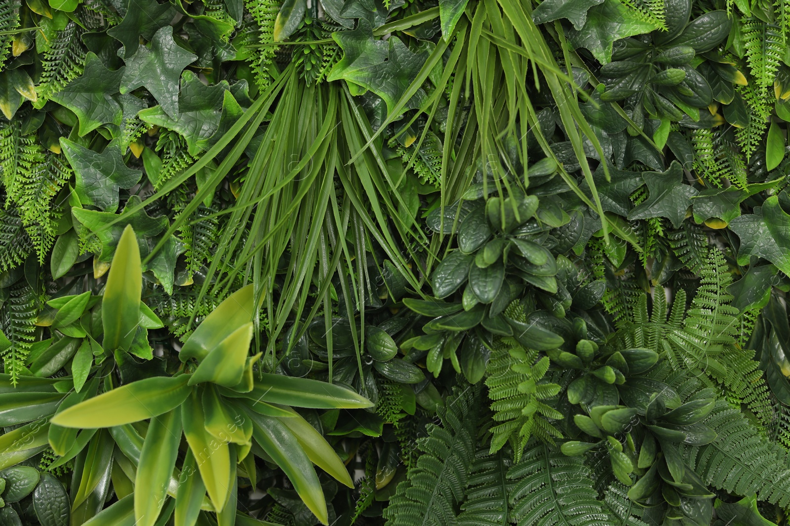 Photo of Green artificial plant wall panel as background, closeup