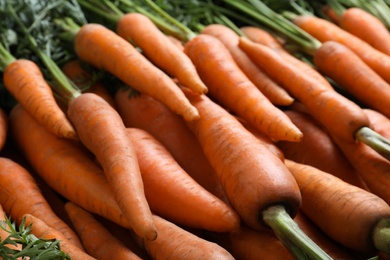 Pile of tasty raw carrots as background, closeup