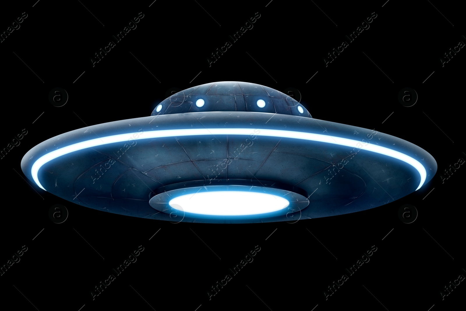 Image of UFO. Glowing alien spaceship on black background, illustration