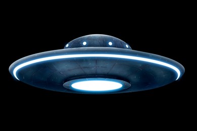 Image of UFO. Glowing alien spaceship on black background, illustration