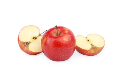 Photo of Ripe juicy red apples on white background