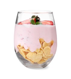 Photo of Glass with yogurt, strawberries and corn flakes isolated on white