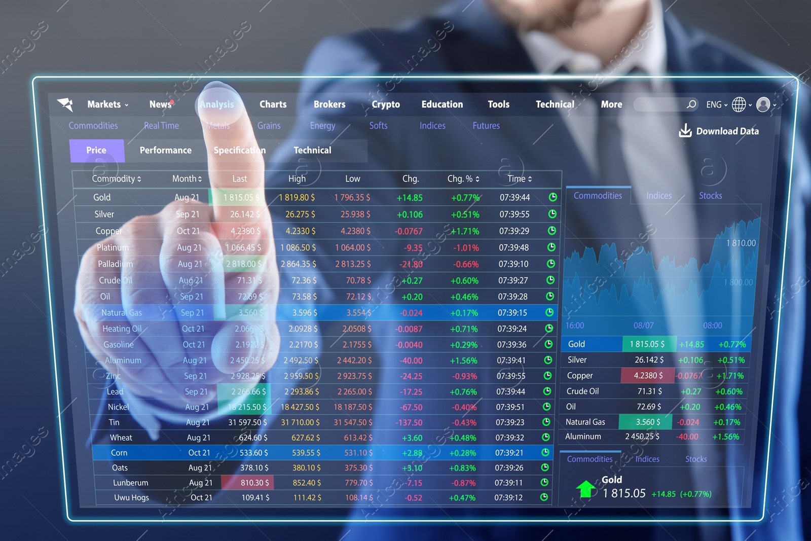 Image of Stock exchange. Businessman pointing at virtual screen electronic online trading platform, closeup