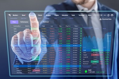 Stock exchange. Businessman pointing at virtual screen electronic online trading platform, closeup