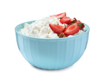 Fresh cottage cheese with strawberry and almond in bowl isolated on white