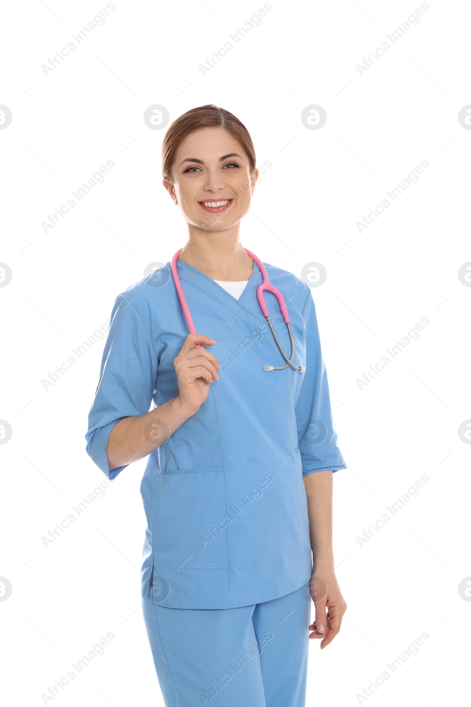 Photo of Portrait of medical doctor with stethoscope isolated on white