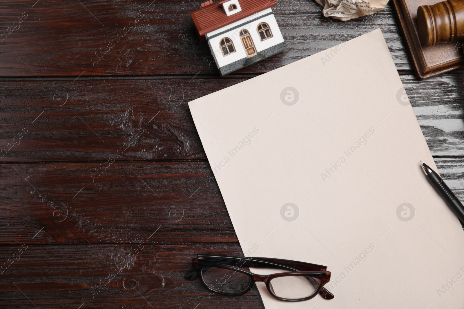 Photo of Flat lay composition with last will and testament on wooden table. Space for text