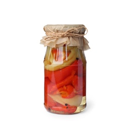 Jar with slices of pickled bell peppers on white background