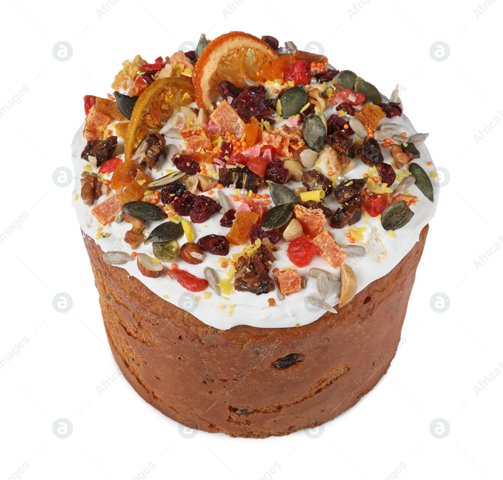 Photo of Traditional Easter cake with sprinkles and dried fruits isolated on white