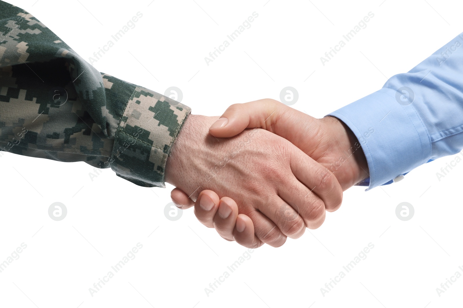 Photo of Soldier and businessman shaking hands against white background, closeup