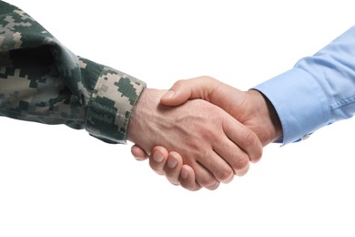 Soldier and businessman shaking hands against white background, closeup