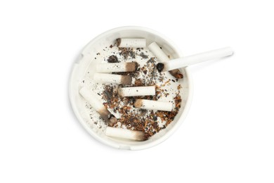 Ceramic ashtray with cigarette stubs isolated on white, top view