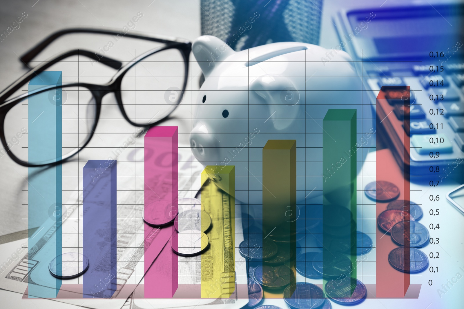 Image of Forex trading. Piggy bank with money on table and chart