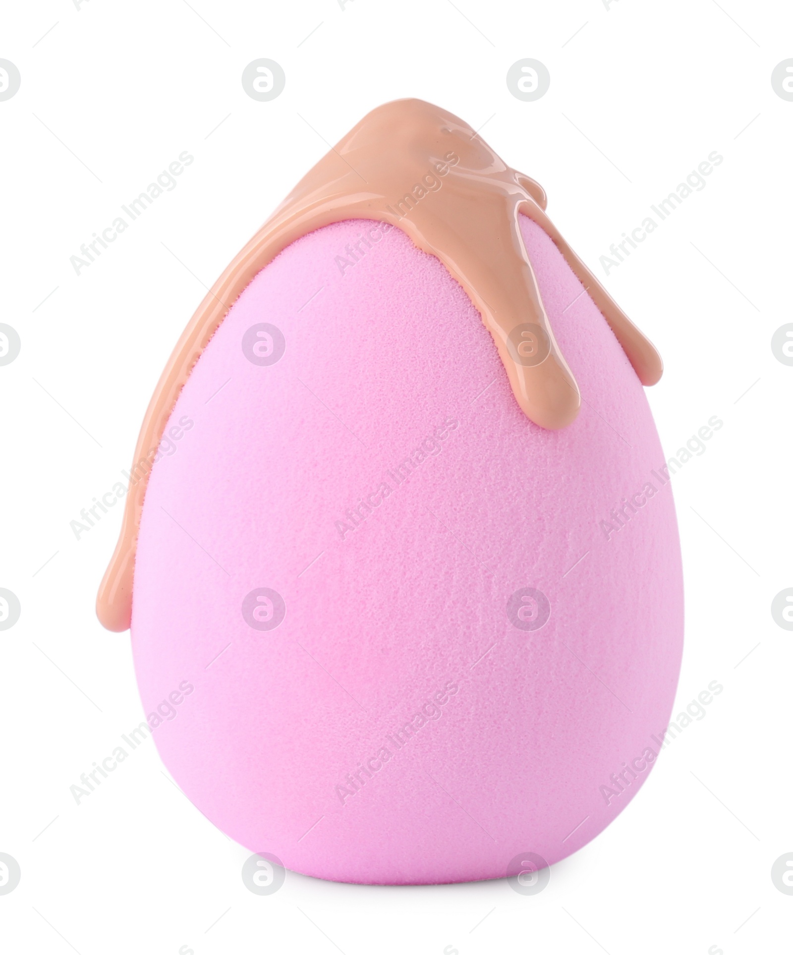 Photo of Pink makeup sponge with skin foundation isolated on white