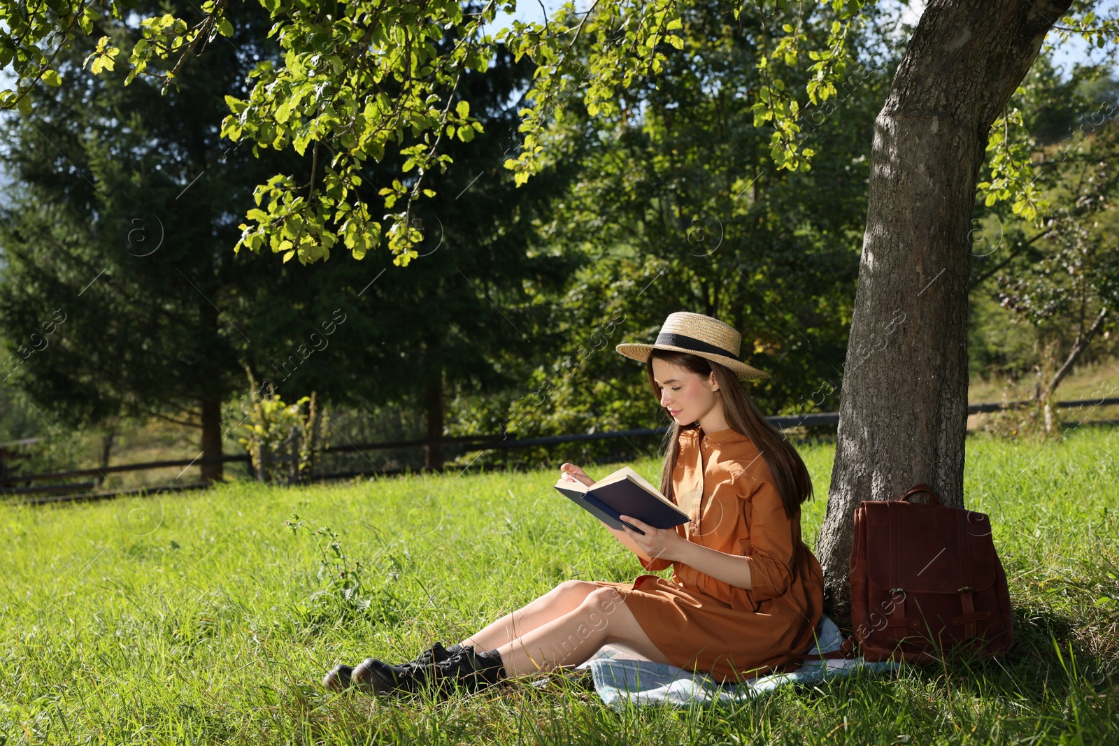 Photo of Young woman reading book under tree on meadow near forest