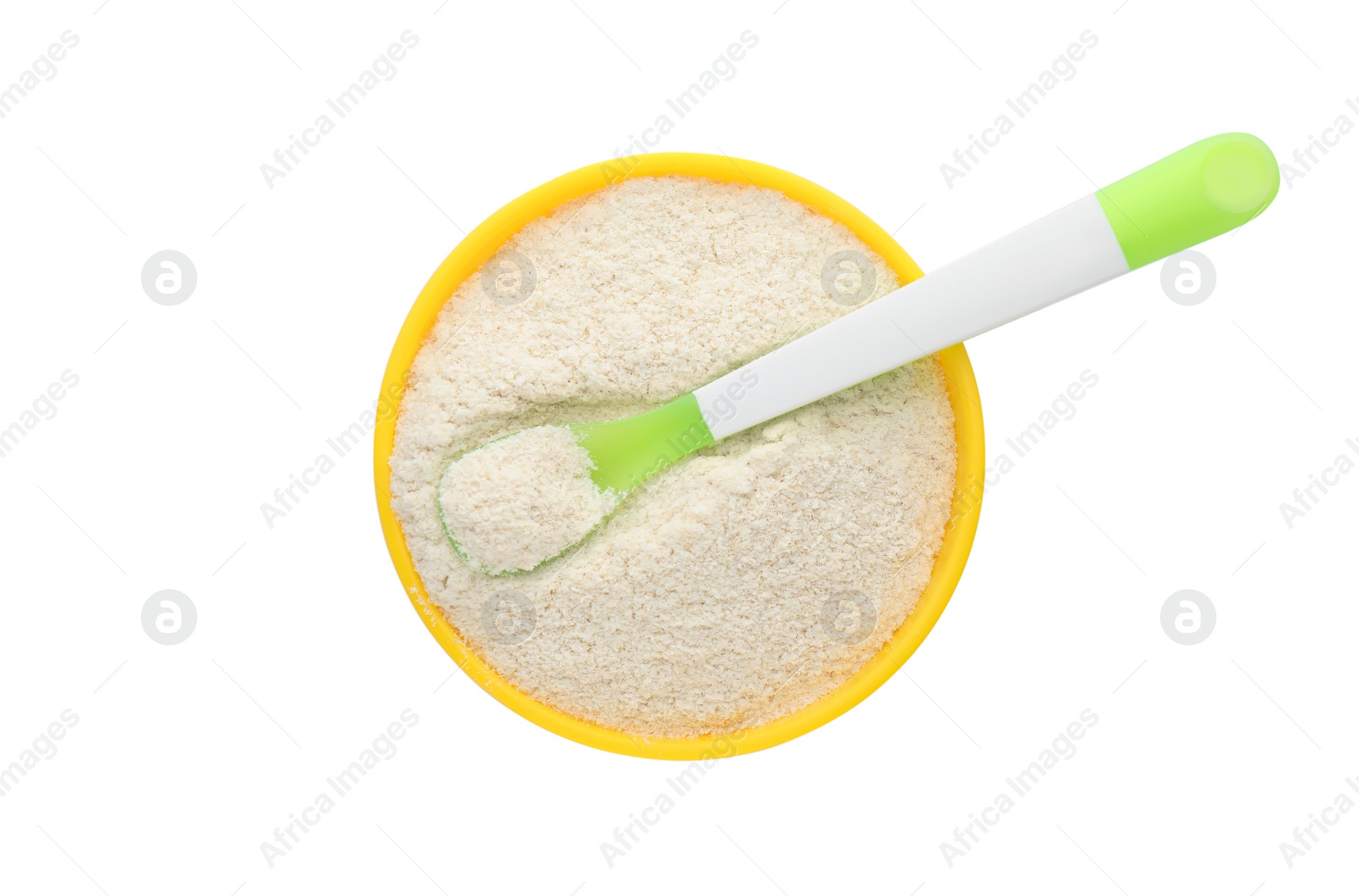 Photo of Dry healthy baby food in bowl on white background, top view