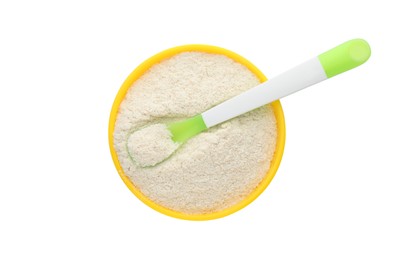 Photo of Dry healthy baby food in bowl on white background, top view